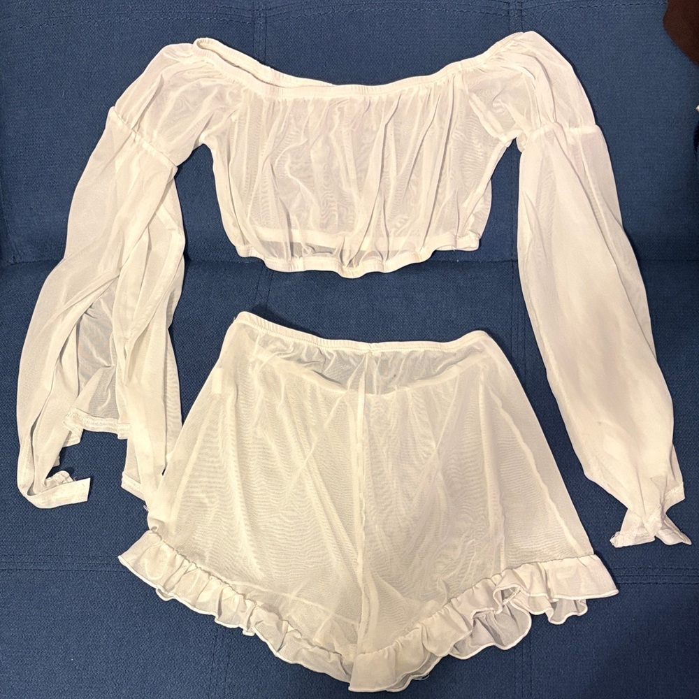 White Sheer Off-Shoulder Top and Shorts Set
